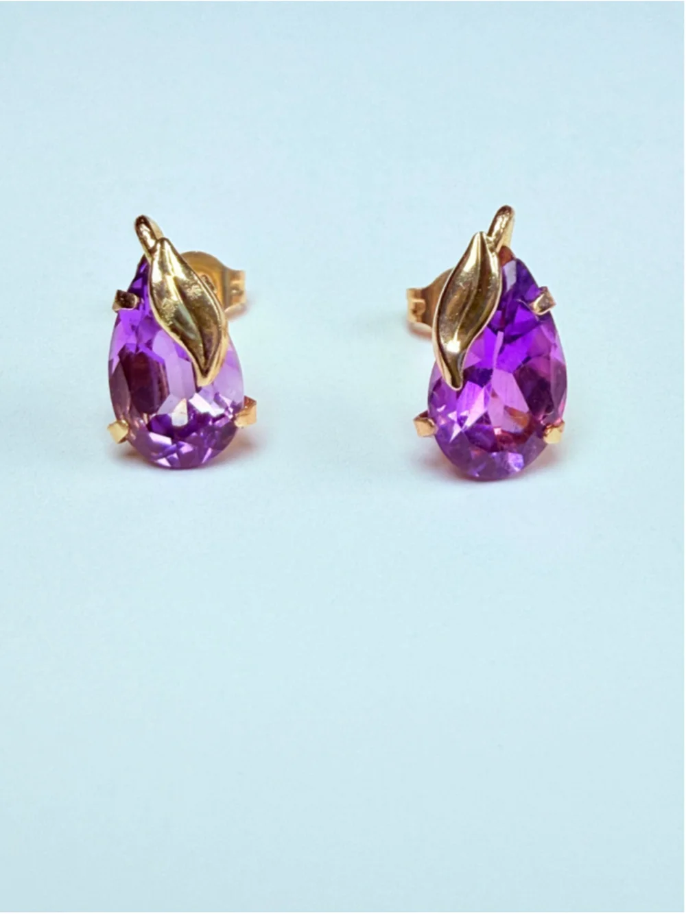 14K Solid Yellow Gold 1 CT Amethyst Pear Cut Solitaire Stud Earrings
